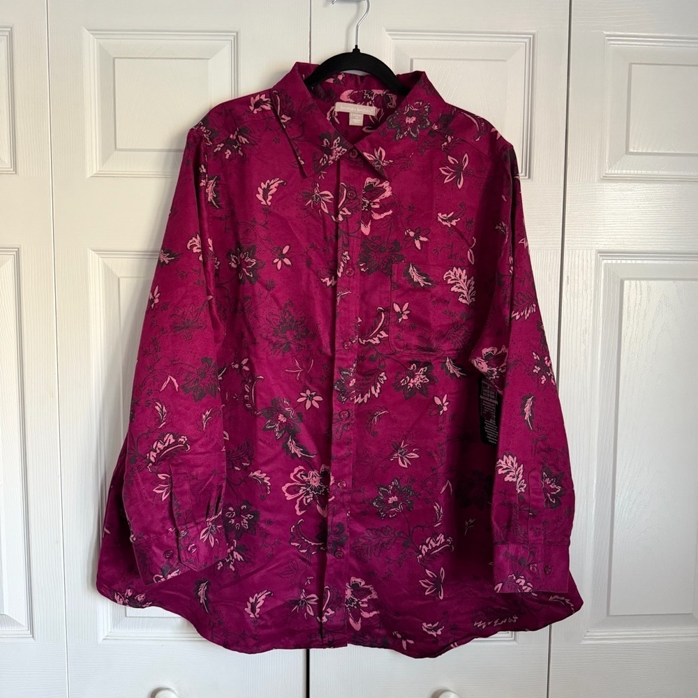 Woman Within Shirt Womens 1X Purple Floral Button Up Tunic Top Long Sleeve Plus